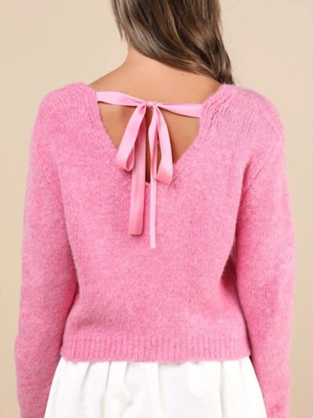 Lulus Brand Coquette Cozy Heather Pink Long Sleeve Bow Pullover Sweater Size XL